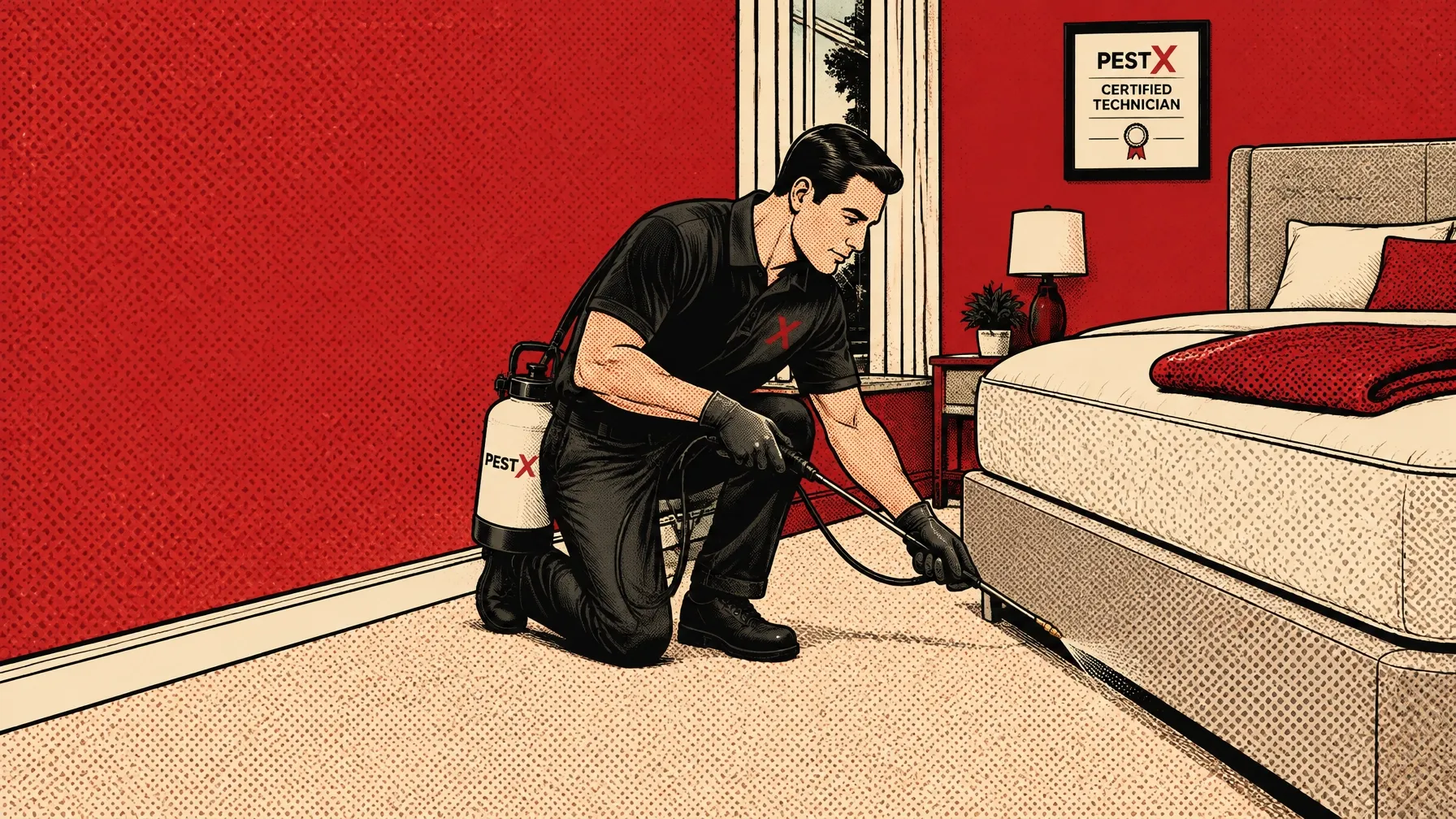 Pest X technician treating a bedroom for bed bugs with Aprehend