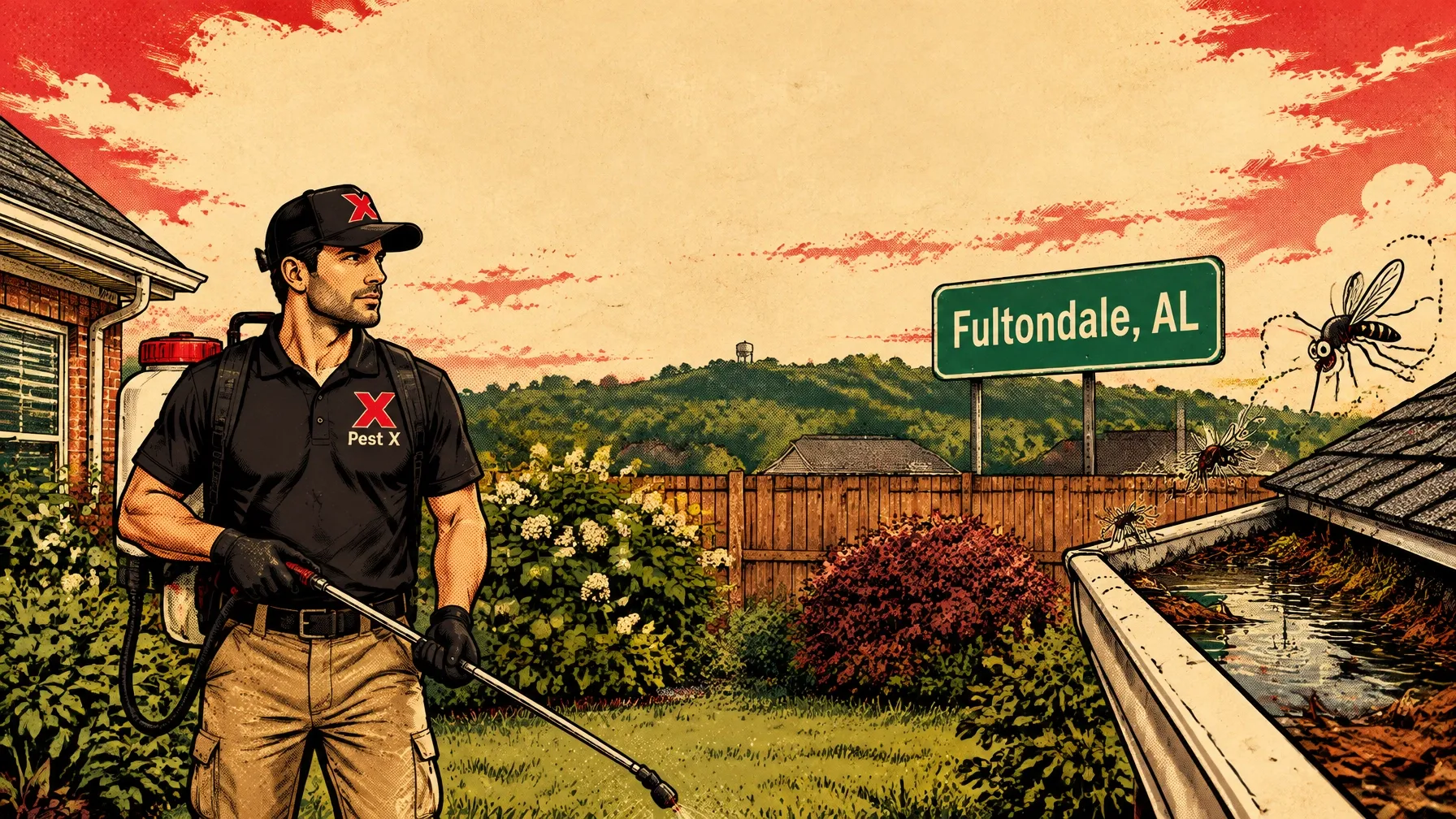 Pest X technician treating a Fultondale, Alabama, backyard Pest X technician treating a Fultondale, Alabama, backyard beside a Fultondale sign and mosquito illustration